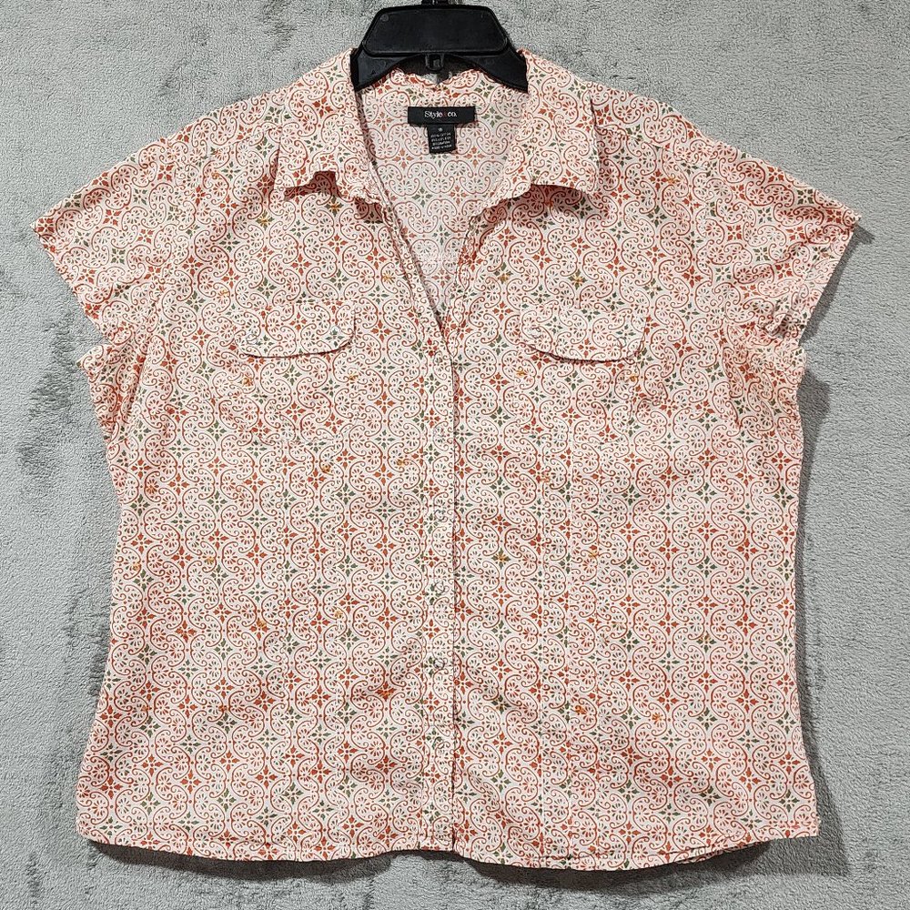 Style & Co Womens Shirt Orange 16 Floral Button Up Sequin Pockets SS Cotton Top